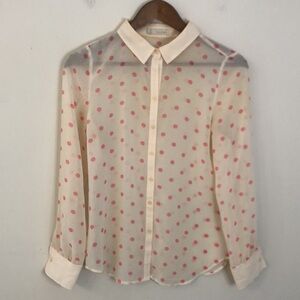 Hinge Preppy Beige & pink polka dot sheer button up top dainty beige collar XS